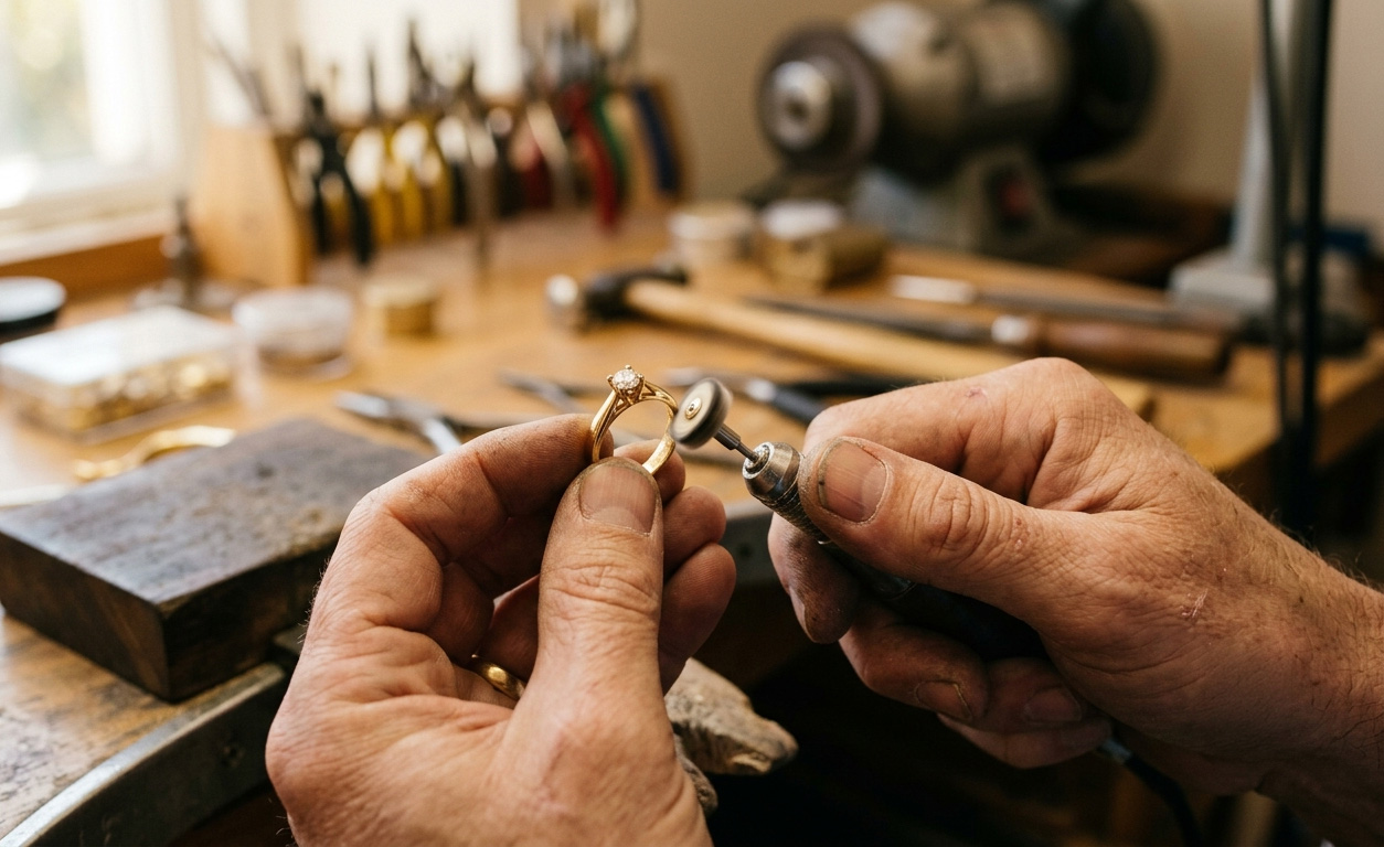 Goldschmied poliert Goldring mit Diamant in der Werkstatt