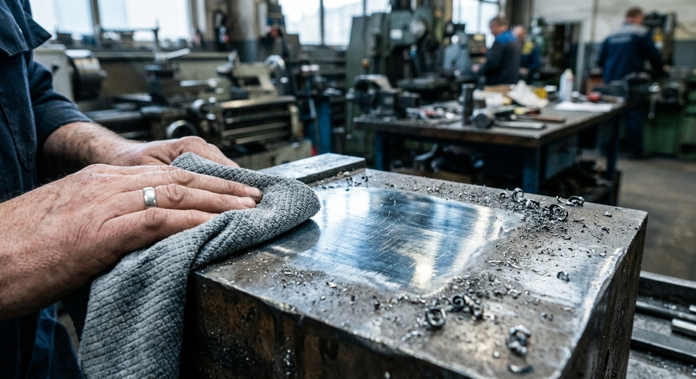 Metallblock wird in der Werkstatt poliert — Oberflächenveredelung