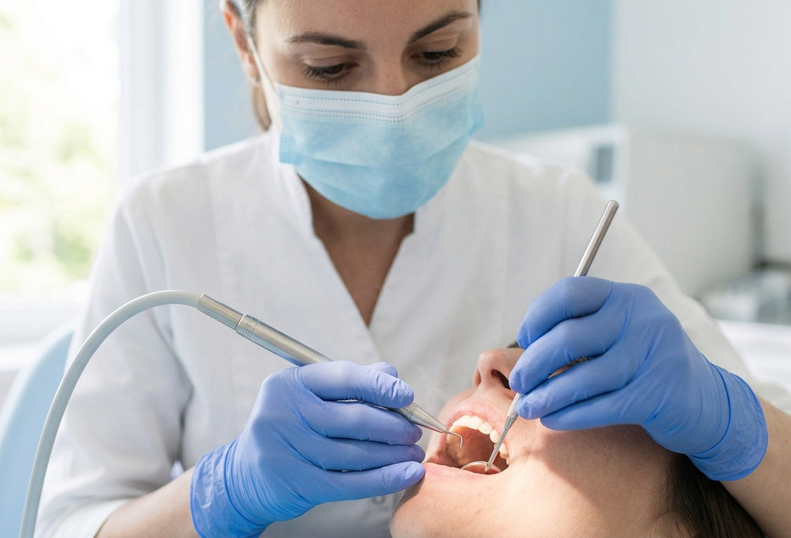 Zahnärztin bei der Behandlung mit Mundschutz — hygienische Zahnarztpraxis